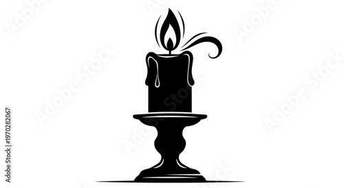 Elegant burning candle in a classic candlestick silhouette illustration.