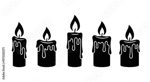 Set of five burning candles with melting wax, black silhouettes on white background.