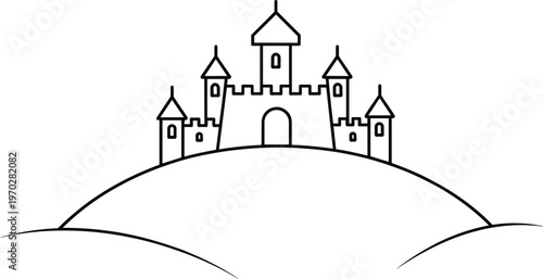 Minimalist black and white line drawing of medieval castle with towers, battlements, arched doorway, and hill slopes, perfect for fantasy, history, or design themes