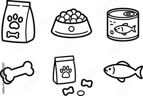 Black and white line drawing of pet food items including kibble bag, bowl, fish can, bone, and fish, perfect for animal care design illustrations