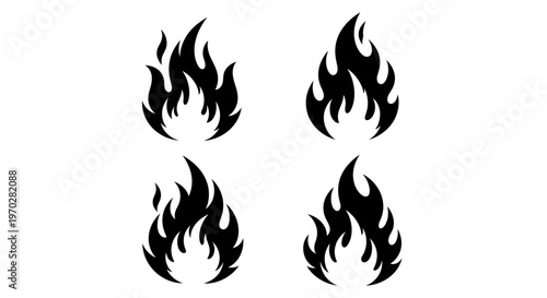 Set of four black fire flame icons on a white background.