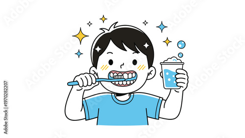 Young boy diligently brushing his teeth with blue toothbrush and holding a cup of water to maintain good oral hygiene and dental health.