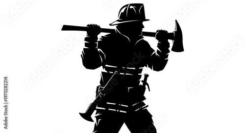 Silhouette of a firefighter holding an axe, ready for action.