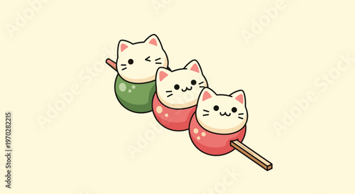 Adorable Japanese dango dessert with three mochi balls shaped like cute cat heads on a wooden skewer in pastel colors.