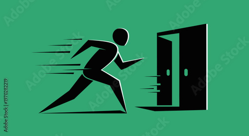 Silhouette of a person running towards an open door, symbolizing escape or opportunity.