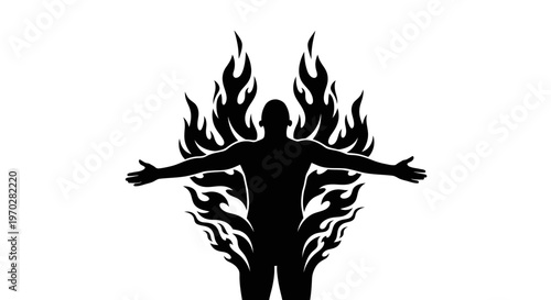 Silhouette of a man with outstretched arms surrounded by flames.