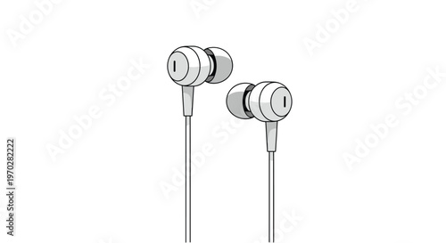 Simple black and white line drawing of a pair of wired in-ear headphones on a clean white background for music themes.