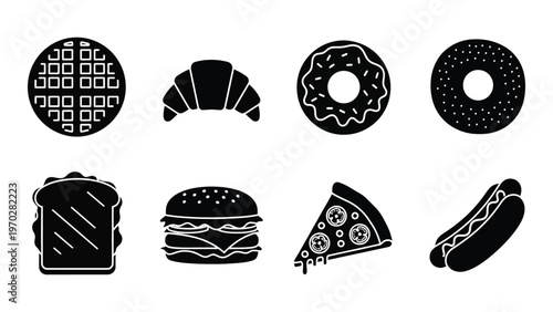 A collection of black silhouettes depicting various breakfast lunch and dessert food items including pastries and sandwiches silhouette high quality professional