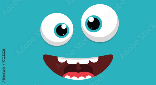 Close-up of a funny monster face with large crazy eyes and a wide toothy grin against a bright turquoise background.