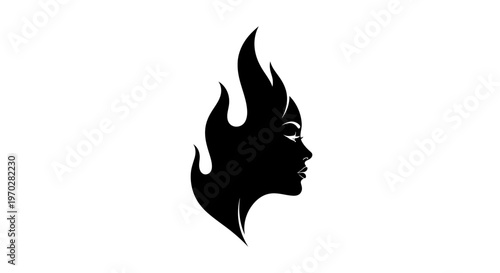Silhouette of a womans face in profile with fiery hair.