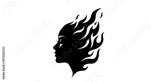 Silhouette of a womans face with fiery hair in profile.