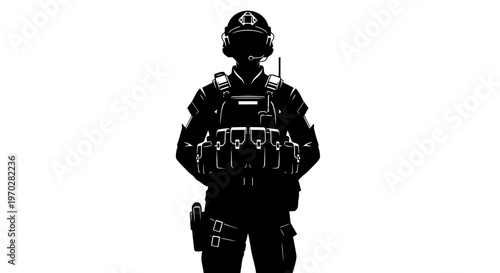 Silhouette of a tactical soldier standing in full gear.