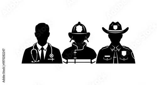 Silhouettes of essential workers - doctor, firefighter, and police officer.
