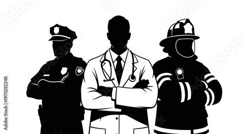 Silhouettes of essential workers - police officer, doctor, and firefighter standing together.