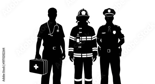 Silhouettes of essential workers - a doctor, a firefighter, and a police officer standing together.
