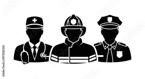 Silhouettes of essential workers including a doctor, firefighter, and police officer.