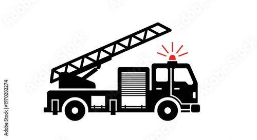 Fire truck with extended ladder and flashing lights.