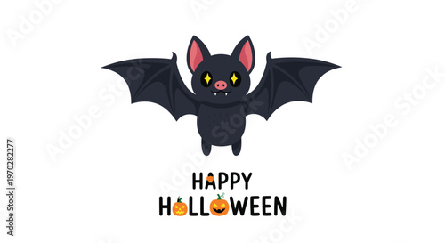 Cute cartoon bat character with star-shaped eyes and outspread wings for a friendly happy Halloween greeting illustration.