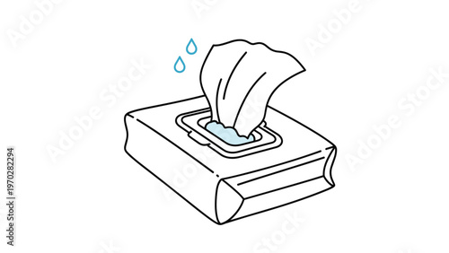 Pack of wet wipes with one tissue being pulled out for hygiene and cleaning purposes on plain white background for product concept.