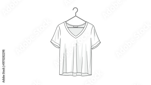 White v-neck short sleeve t-shirt hanging on wire hanger as basic apparel item for fashion retail or laundry service concepts.
