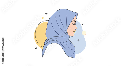 Profile portrait of a young woman wearing a blue hijab against a background of soft yellow and blue geometric shapes.