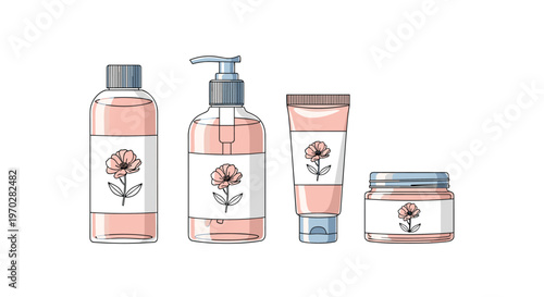 Set of four luxury cosmetic product containers in pink including a lotion bottle, a pump dispenser, a tube, and a cream jar.