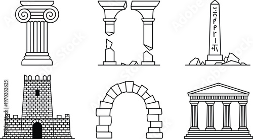 Ancient architectural elements vector set featuring classical columns ruins arch temple tower obelisk line art illustration collection isolated