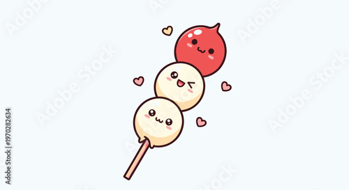 Three cute cartoon dango balls on a wooden stick with sweet smiling faces and small pink hearts for japanese food lovers.