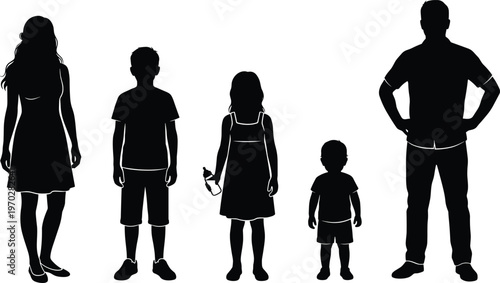 Black silhouette illustration of a family of five standing together including parents and three children on white background