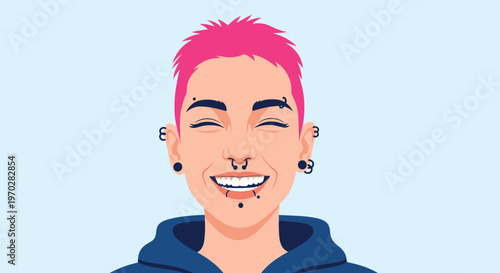 Portrait of a happy person with vibrant pink hair and many facial piercings smiling against a bright blue background.