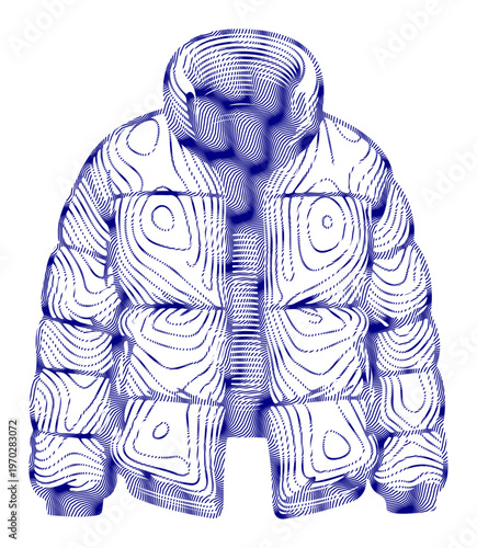 Puffy winter jacket with a unique topographic contour line pattern in blue