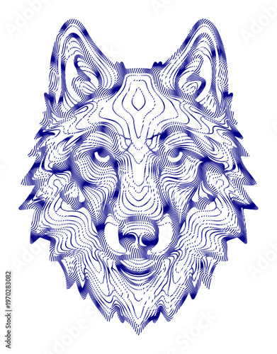 Intricate blue line art portrait of a wolf's face with intense gaze