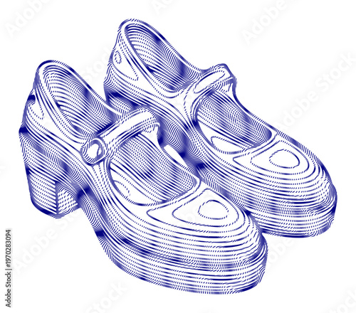 Stylish blue mary jane heels with a modern, graphic illustration style