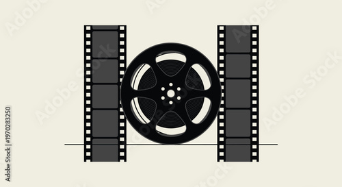 Cinematic illustration featuring a central film reel flanked by two vertical film strips on a light beige background.