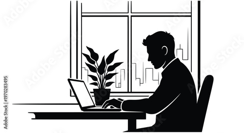 Man working on laptop by a window a striking black silhouette