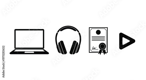 Digital learning icons laptop headphones certificate and play button silhouette