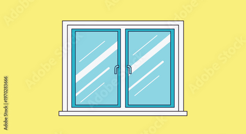 Minimalist illustration of a white window frame with blue glass and reflections isolated on a bright yellow background.