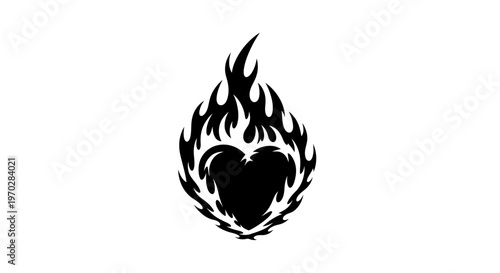 Stylized black heart engulfed in flames graphic design element.