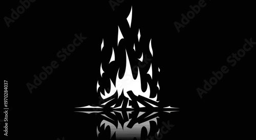 Stylized campfire with glowing flames and logs on a reflective surface.