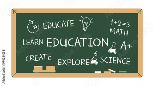 Blackboard with education related writings.