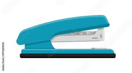 Blue office stapler on desk surface.