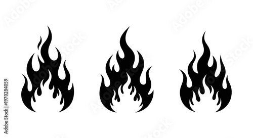 Three black fire flame icons set isolated on white background.
