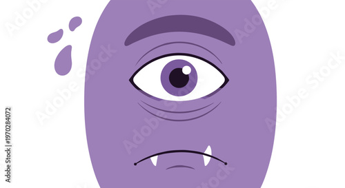 Expressive close up of a purple one eyed monster character with a nervous and concerned look on its face for fun icons.