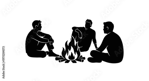 Three friends gather around a warm campfire at night.