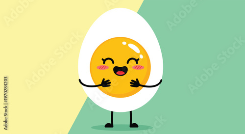 Happy cartoon character of a halved boiled egg laughing with closed eyes on a diagonal yellow and green background.
