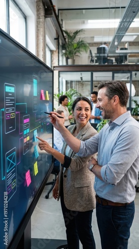 Business professionals collaborating on digital interface design using a touchscreen display with colorful sticky notes in a modern office space featuring plants and glass partitions