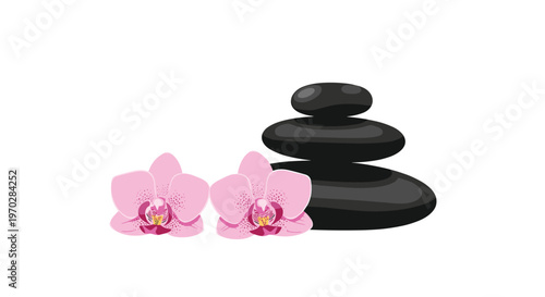 A minimalist and serene arrangement features a stack of four smooth black volcanic stones placed next to two vibrant pink orchid flower heads today.