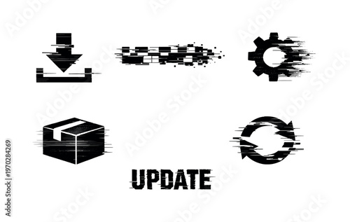 Software deployment and update theme, a set of five glitch-distorted monochrome objects floating on a perfectly clean white background