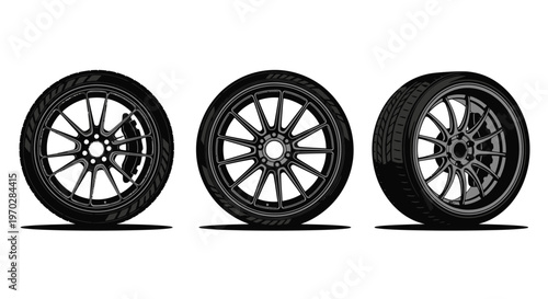 Three automotive wheels displayed in a striking black silhouette high quality