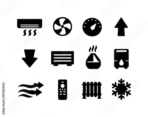 Air conditioning and climate control: air conditioner unit, cooling fan, thermostat dial, temperature up arrow, temperature down arrow, ventilation
